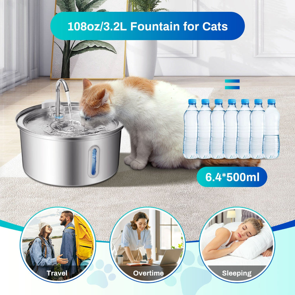 Stainless Steel Cat Water Fountain - 108oz Quiet Filtration